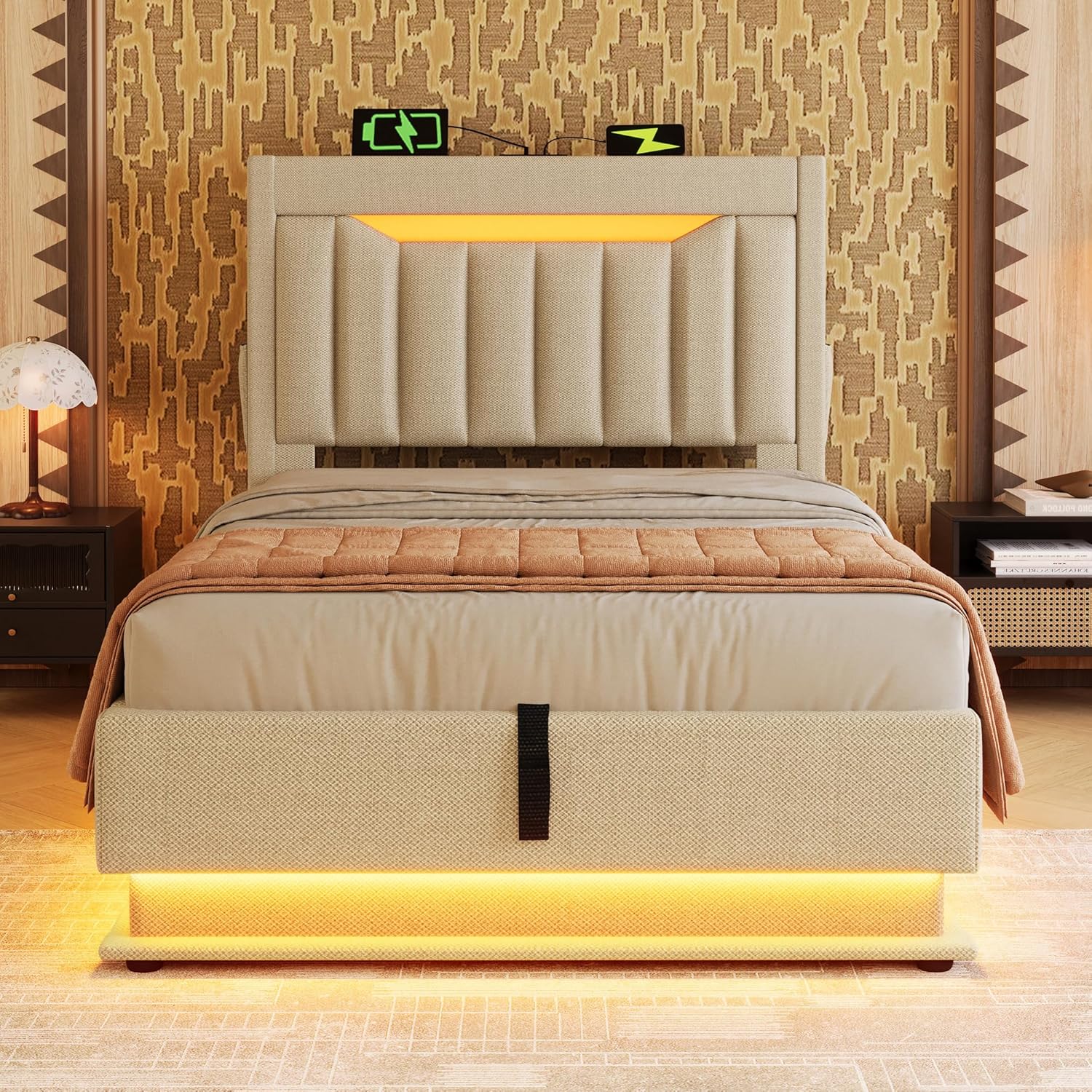 Kebnor Polsterbett Doppelbett, Stauraum-Kopfteil, LED-Beleuchtung am Kopf- und Fußende des Bettes, mit Hydraulischem Stauraum, Leinen. (Ohne Matratze) (Beige, 90x200cm)