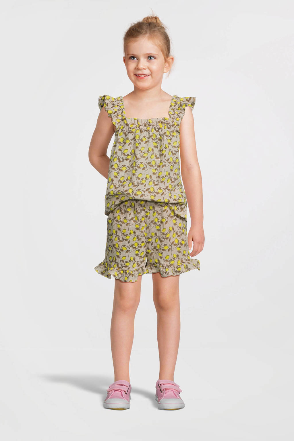 VERO MODA GIRL top VMNATALI met all over print en ruches geel/wit/bruin