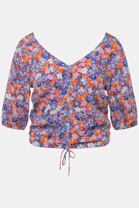 Bluse, V-Ausschnitt, Flower Print, 3/4-Arm, Raffung