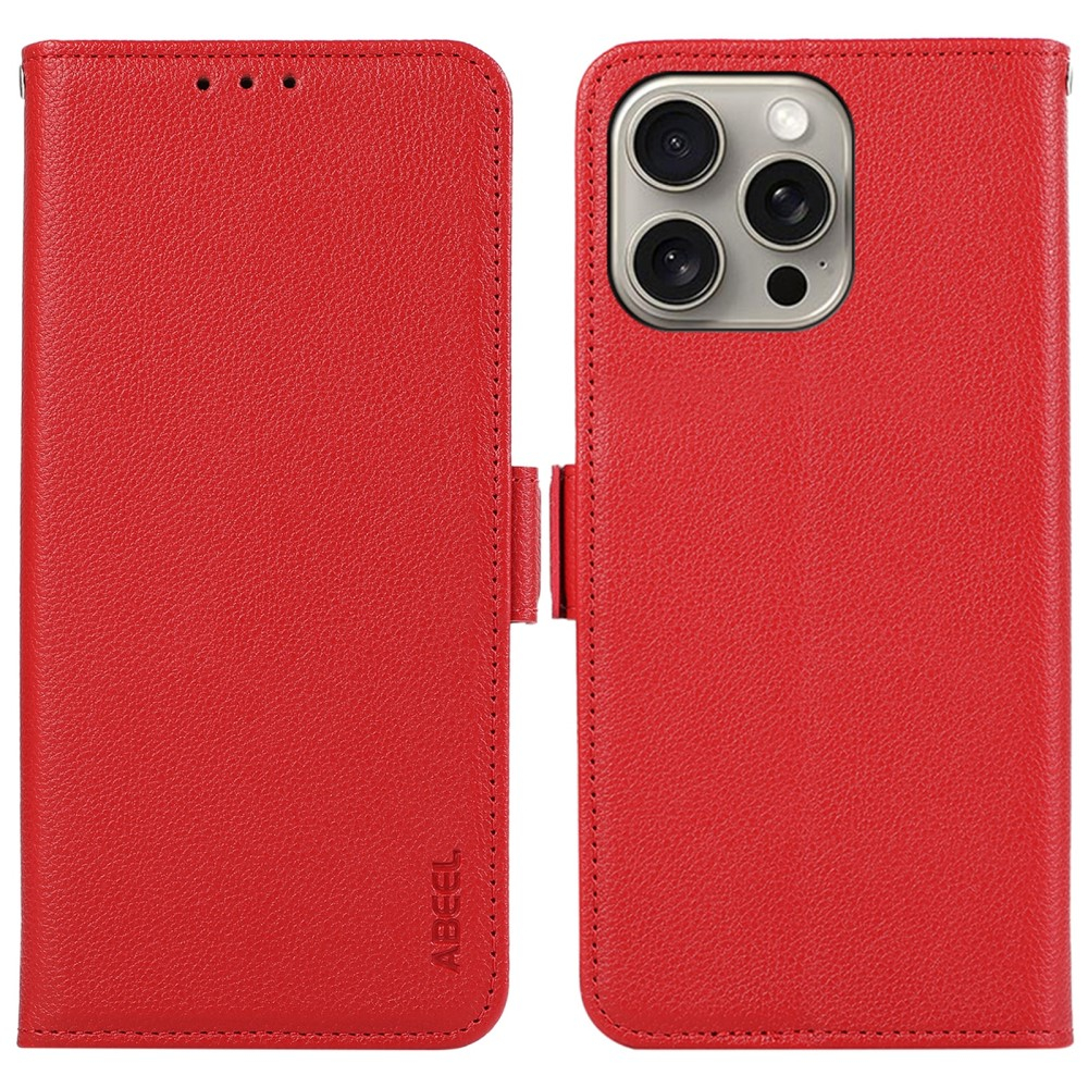 iPhone 13 Pro Leder Tasche Flip Cover Litchi Look (RFID Schutz) - Rot
