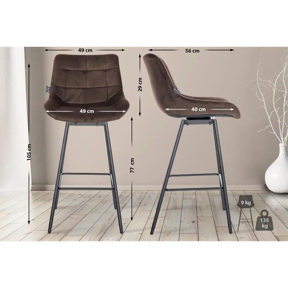 CLP Barkruk Weston zwart Frame - Fluweel - bruin