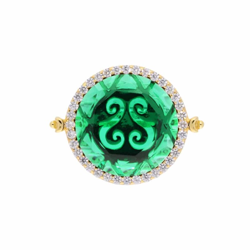 Bague Disque Argent Doré Pierre Verte