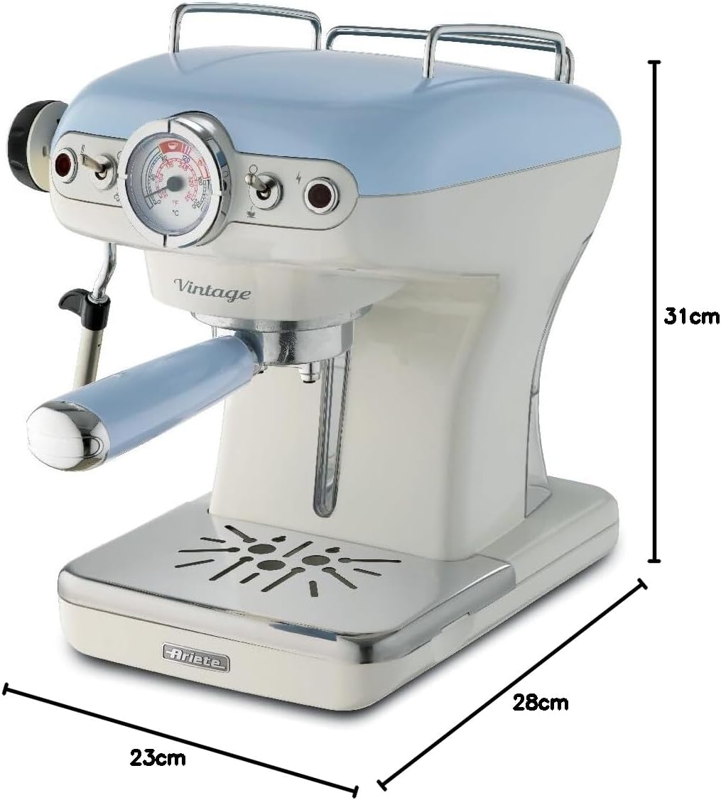 Ariete Espresso Vintage 1389, Machine à Café Expresso Pour Poudre Ou Dosette Ese, 1 Et 2 Tasses, Buse Cappuccino, Support de Tasse en Acier Inoxydable, 15 Bars, 850W, Beige