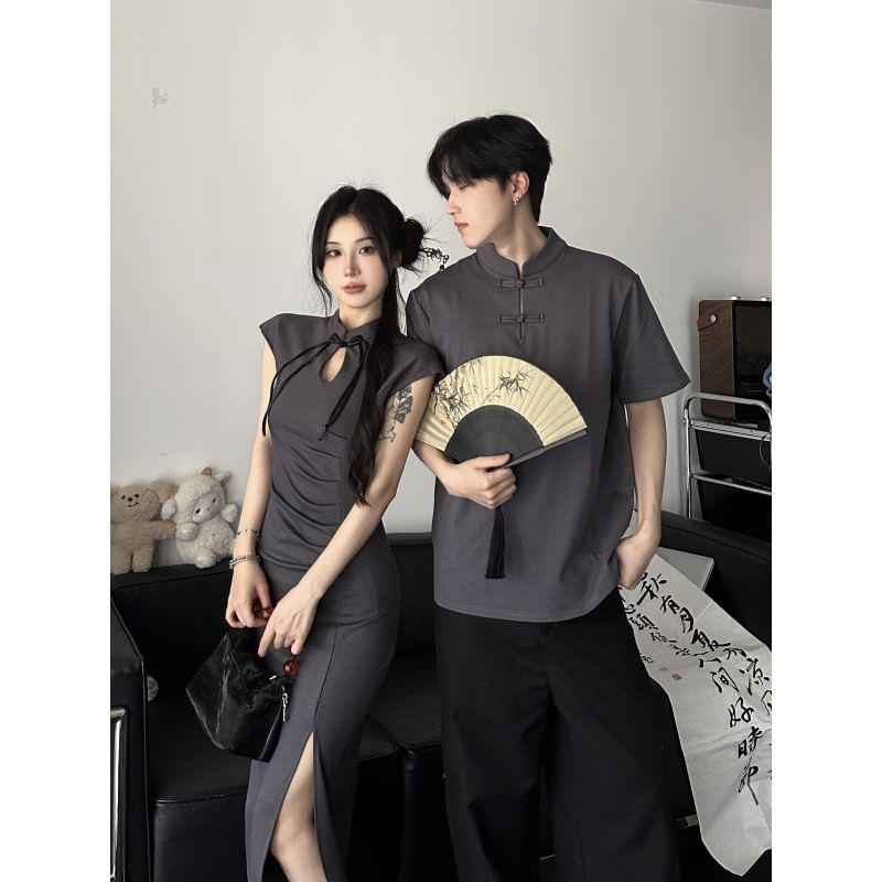 Azure - Koppel bijpassende pet-mouw effen uitsparing gerimpelde kikker knoopsluiting midi mantel qipao / elleboogmouw opstaande kraag T-shirt / wijde pijpen pak broek / set