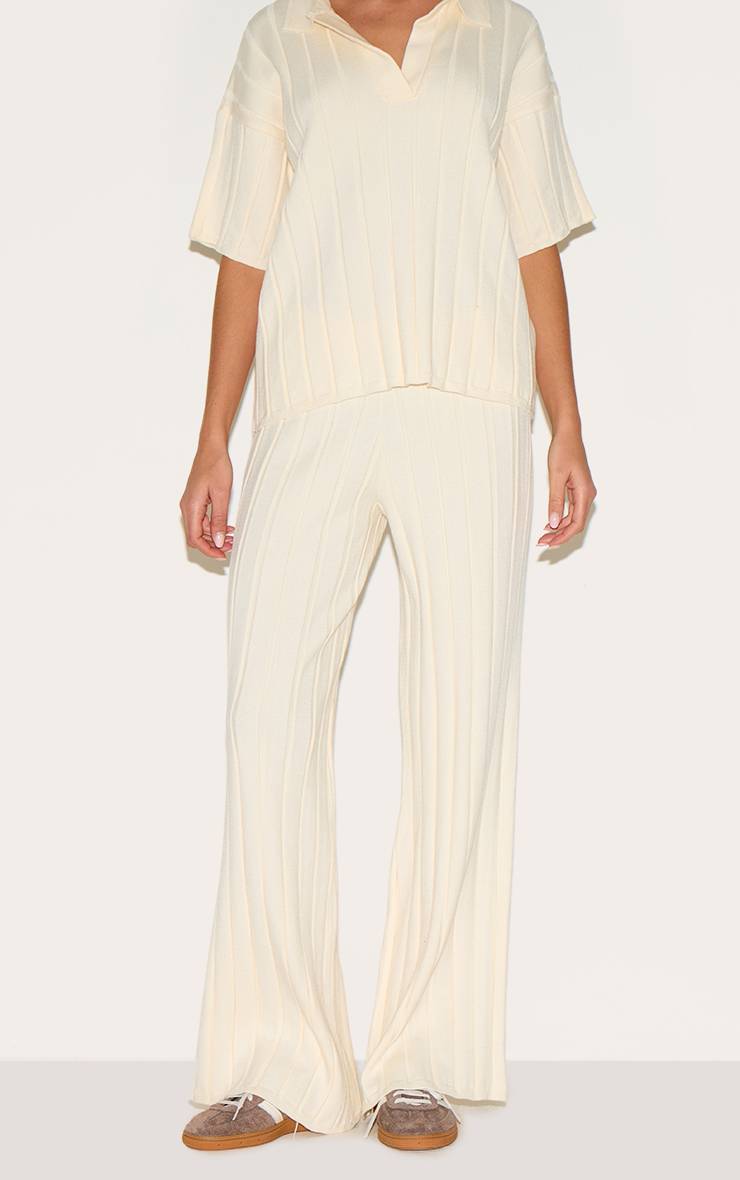 Crème Pantalon En Maille Côtelée Large