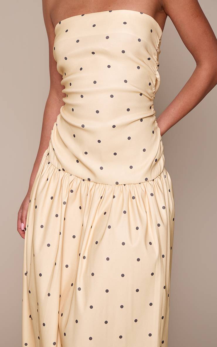 Citron Robe Longue Bandeau Froncée En Tissu Tissé Extensible À Pois