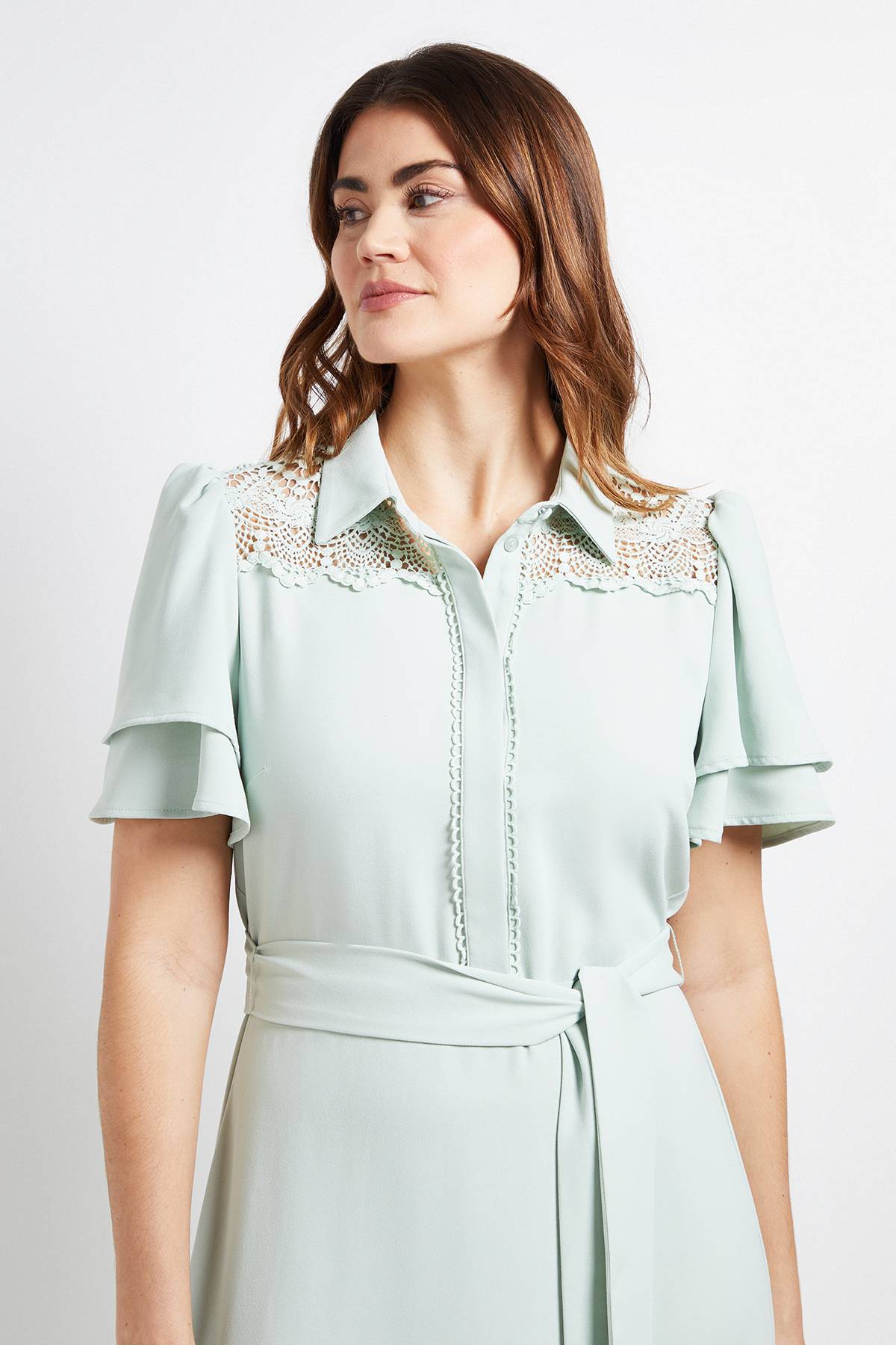 Wallis Robe Midi À Manches Volantées Avec Empiècement En Dentelle