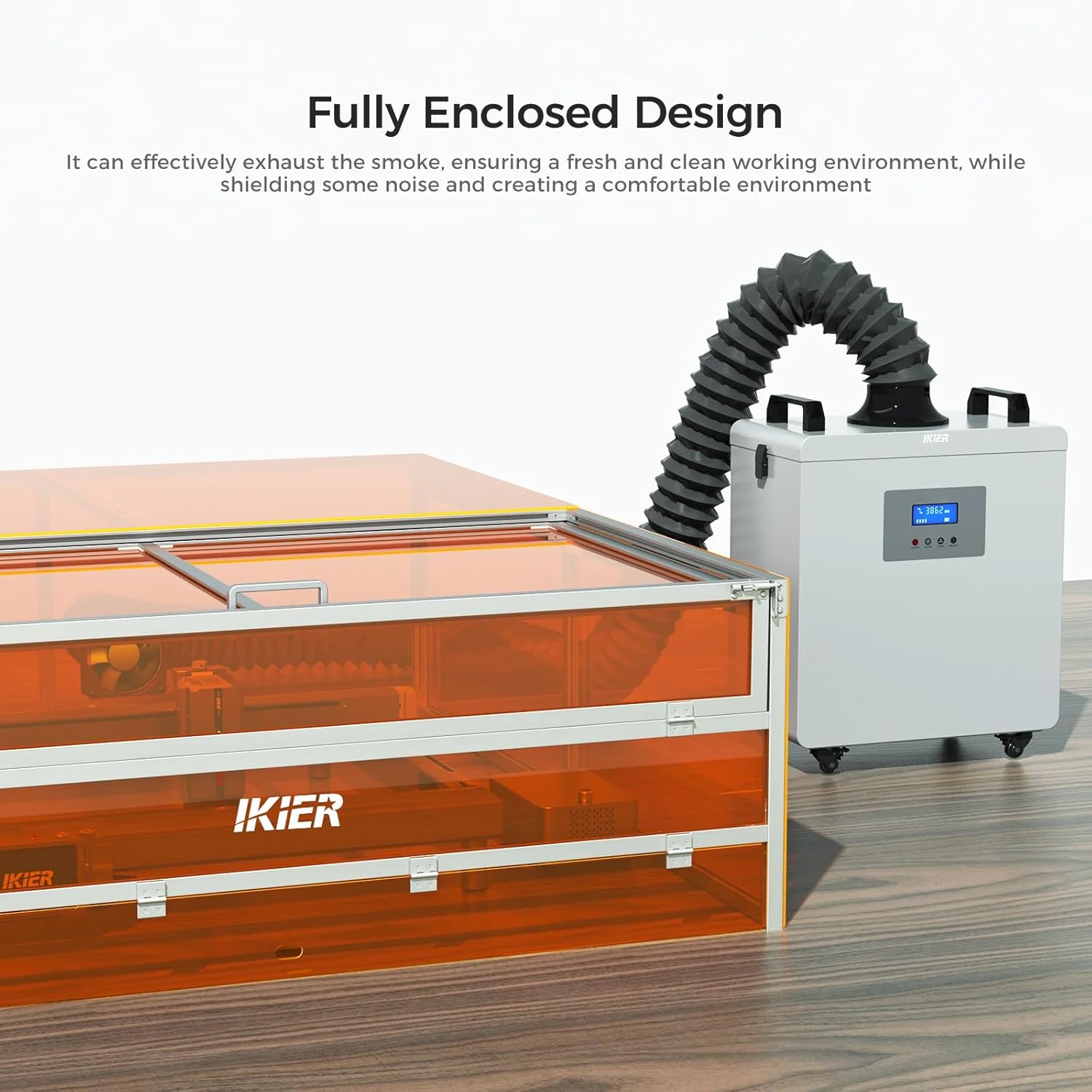 IKIER E3 Laser Enclosure für iKier K70/K40 MAX/X70/A70 MAX, Vollständig Geschlossenes Schutzgehäuse mit 360° Sicht, Rauchabzug, Lüfter & Metall-Acryl-Rahmen, Schutzabdeckung für Lasergravierer