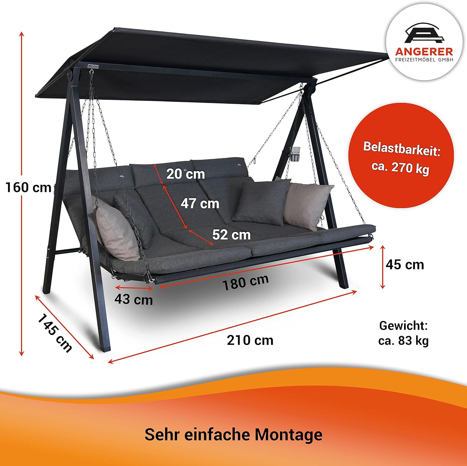 Angerer Hollywoodschaukel Lounge Smart – Schaukel zum Sitzen, Liegen & Entspannen, inkl. Bett-Funktion, einfache Montage, Made in Germany, hochwertiger Stoff, Beige