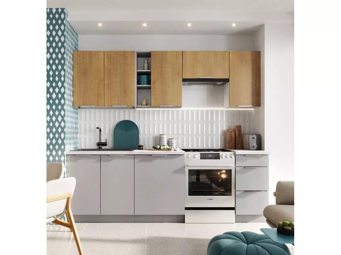 Cuisine complète Ela 7 éléments couleur chêne/gris clair - Longueur 240 cm