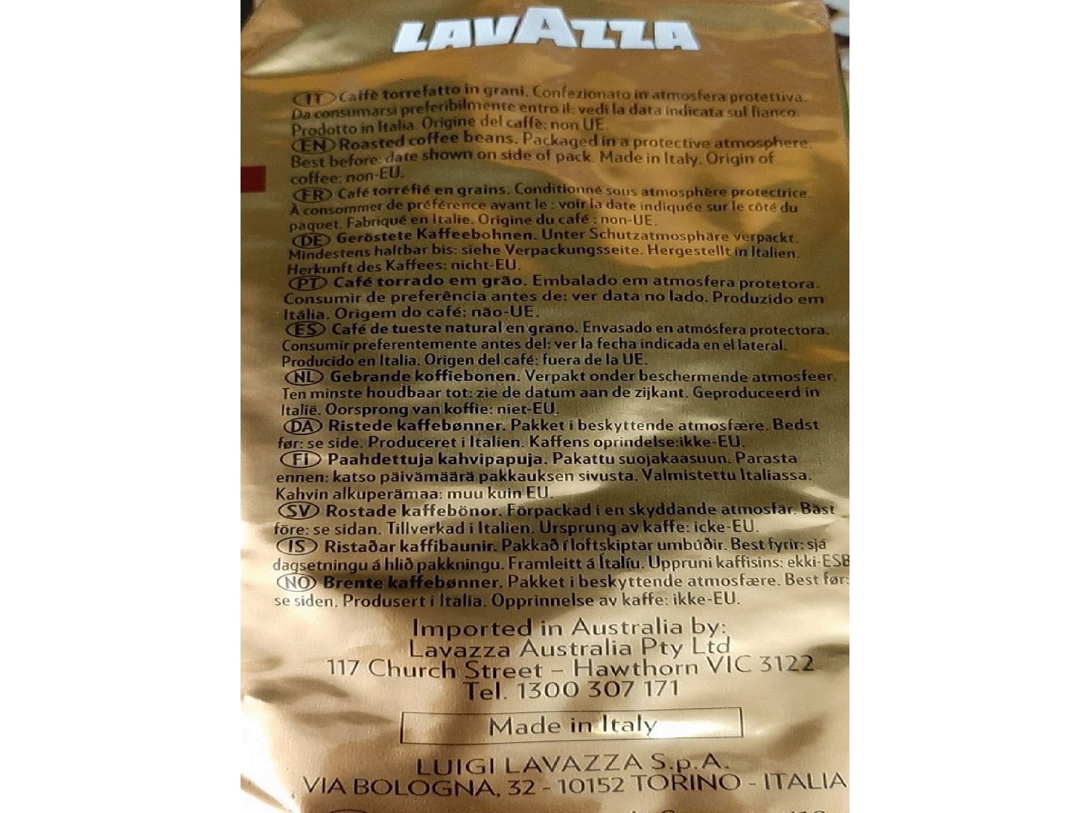 CAFÉ LAVAZZA EM GRÃO NORMAL QUALITÁ ORO 500G