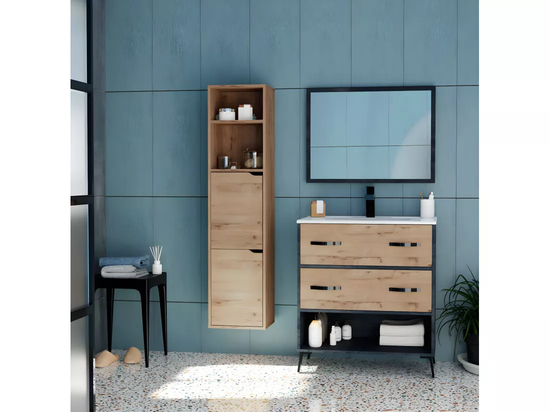 Meuble de salle de bain coloris effet marbre / chêne doré - Hauteur 88 x Longueur 81 x Profondeur 47 cm