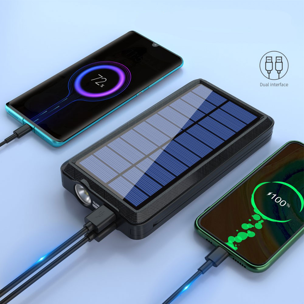 4in1 24000mAh Outdoor Qi Wireless Charger USB Solar Powerbank USB C / Micro USB / Lightning mit Taschenlampe (IP66) - Schwarz