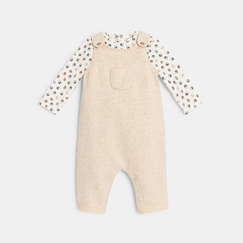 Salopette en tricot et body en coton beige naissance