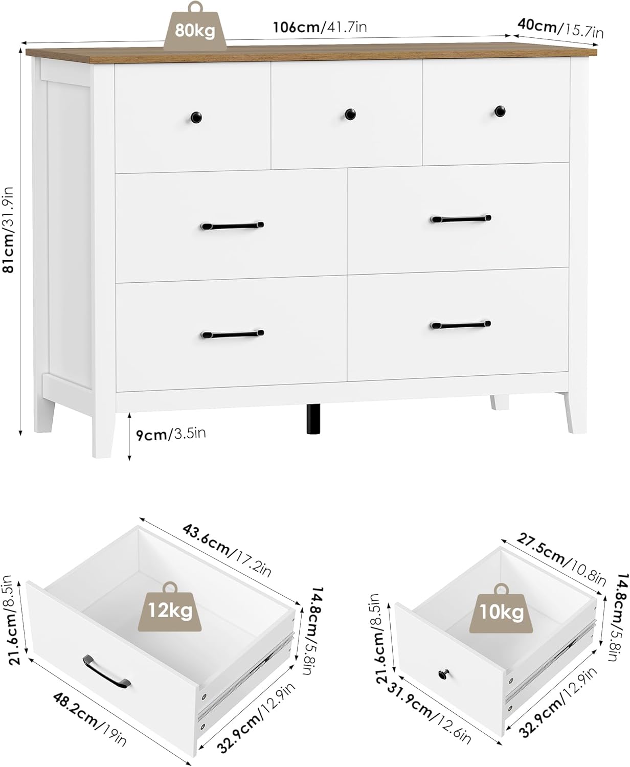 HOCSOK Kommode Weiß mit 7 Schubladen, Kommode mit Aus Holzplatte, Komodenschrank für Schlafzimmer Wohnzimmer Jugendzimmer Flur und Büro, 106x40x81 cm