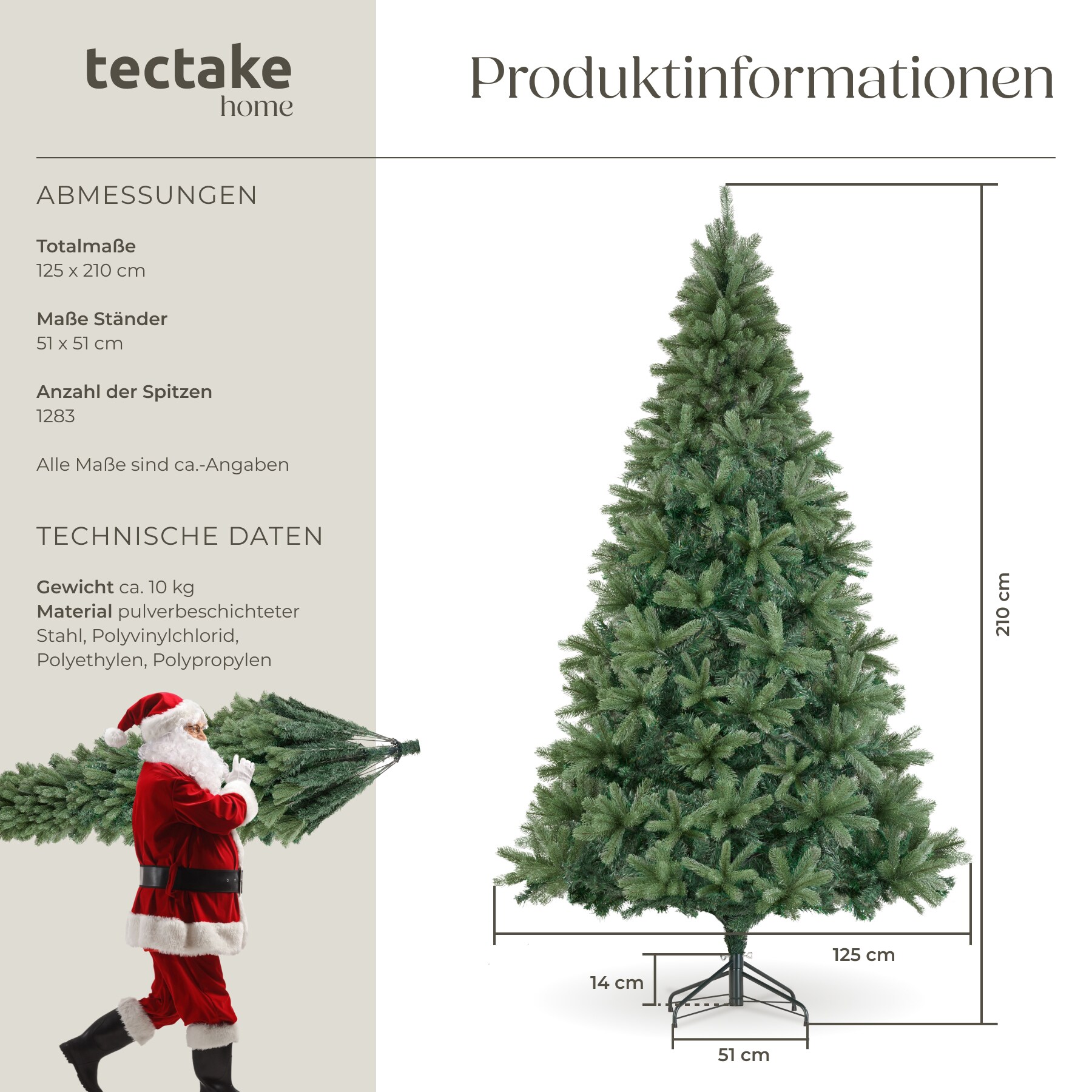 tectake® Weihnachtsbaum, verschiedene Größen, künstlich in Grün, mit PVC- und Spritzgussnadeln, formbar mit viel Volumen, pulverbeschichteter Metallständer mit Kunststoffkappen