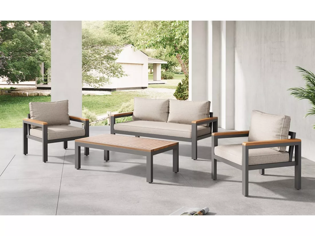 Salle à manger de jardin en acier galvanisé, 4 places, table et accoudoirs acacia en bois, chaises pieds réglables, Beige