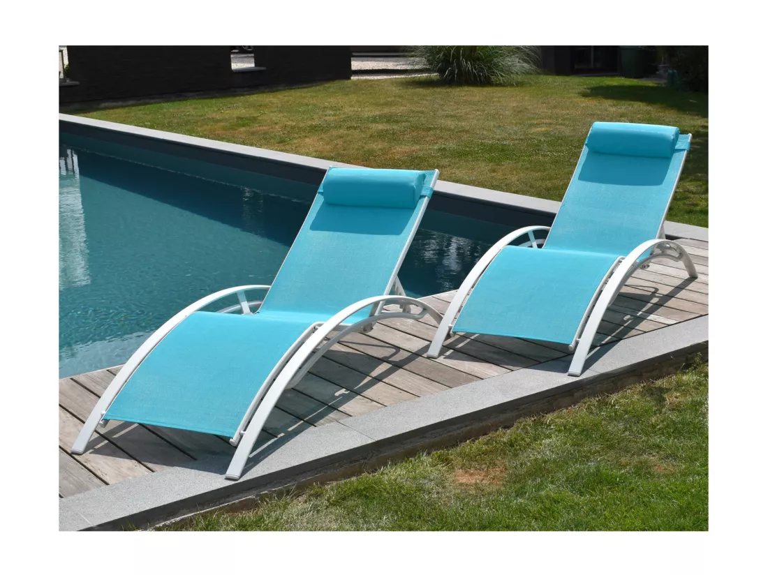 Lot de 2 transats GALAPAGOS en textilène bleu - aluminium blanc - HAPPY GARDEN