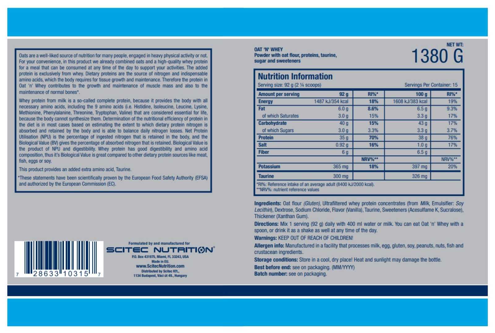 Aveia e soro de leite Scitec Nutrition 1380 g