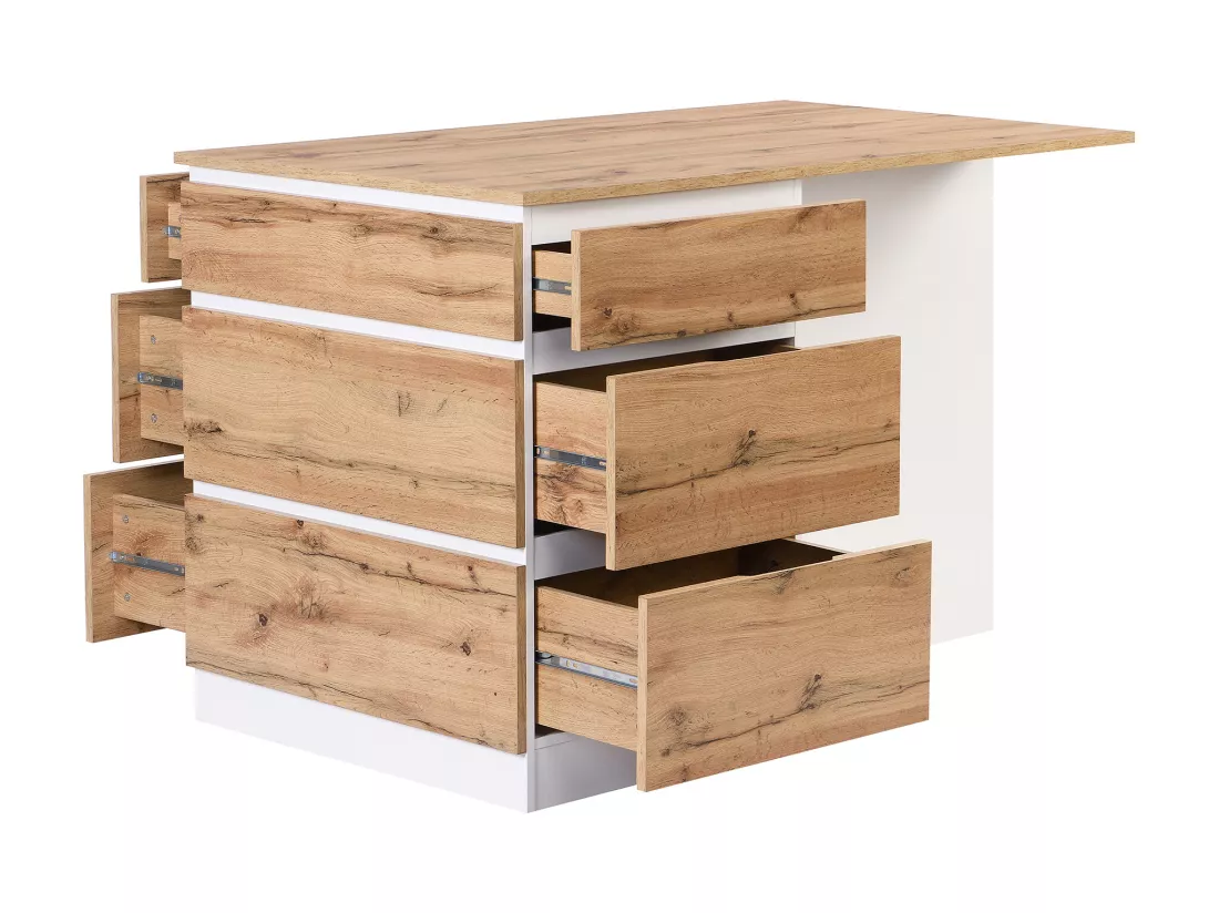 Ilot central de cuisine avec 6 tiroirs et 4 niches en MDF - Naturel clair et Blanc - POMARELA