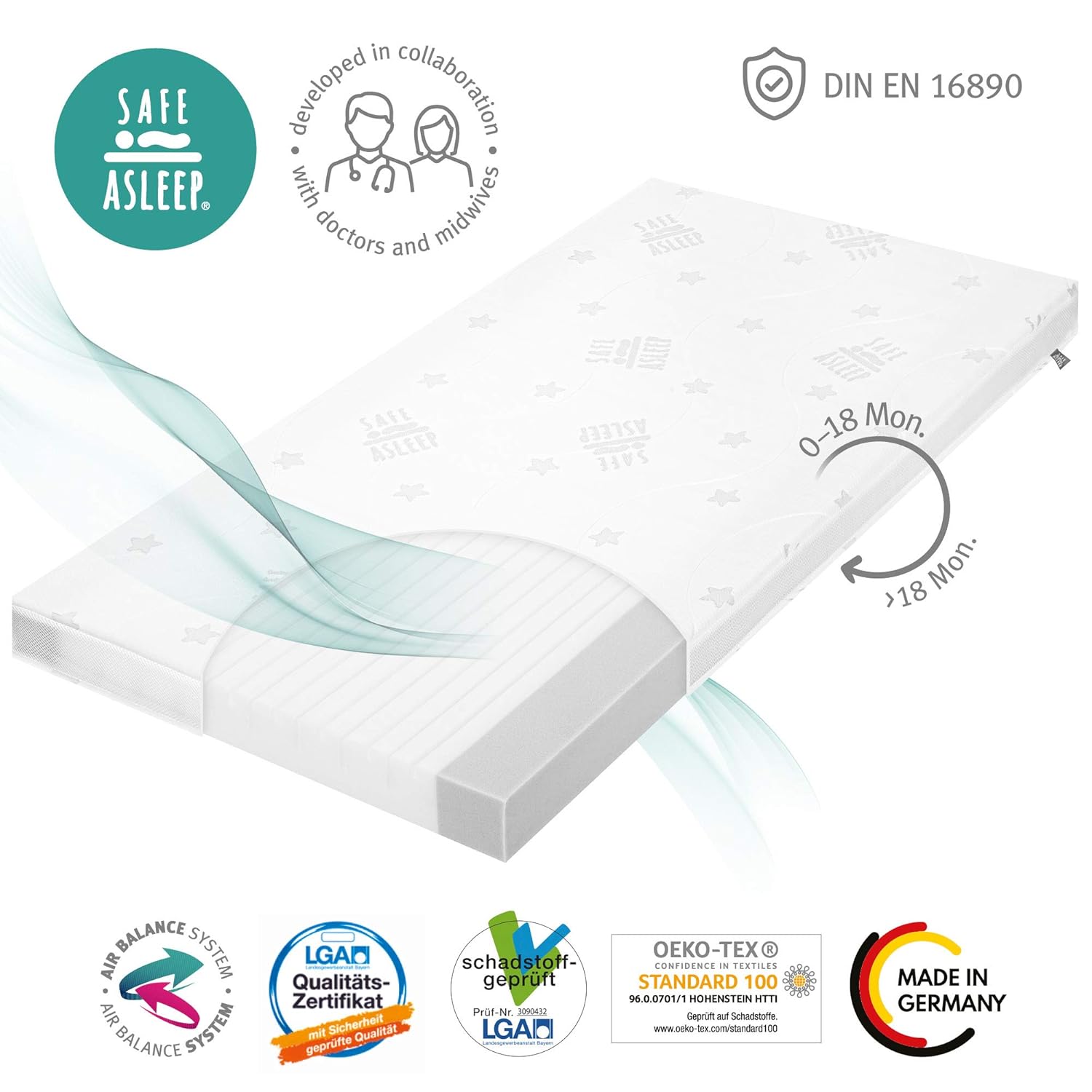 roba Babymatratze 60 x 120 cm - AIR BALANCE PLUS - safe asleep - Matratze für Babybetten - Optimales Schlafklima für Babys
