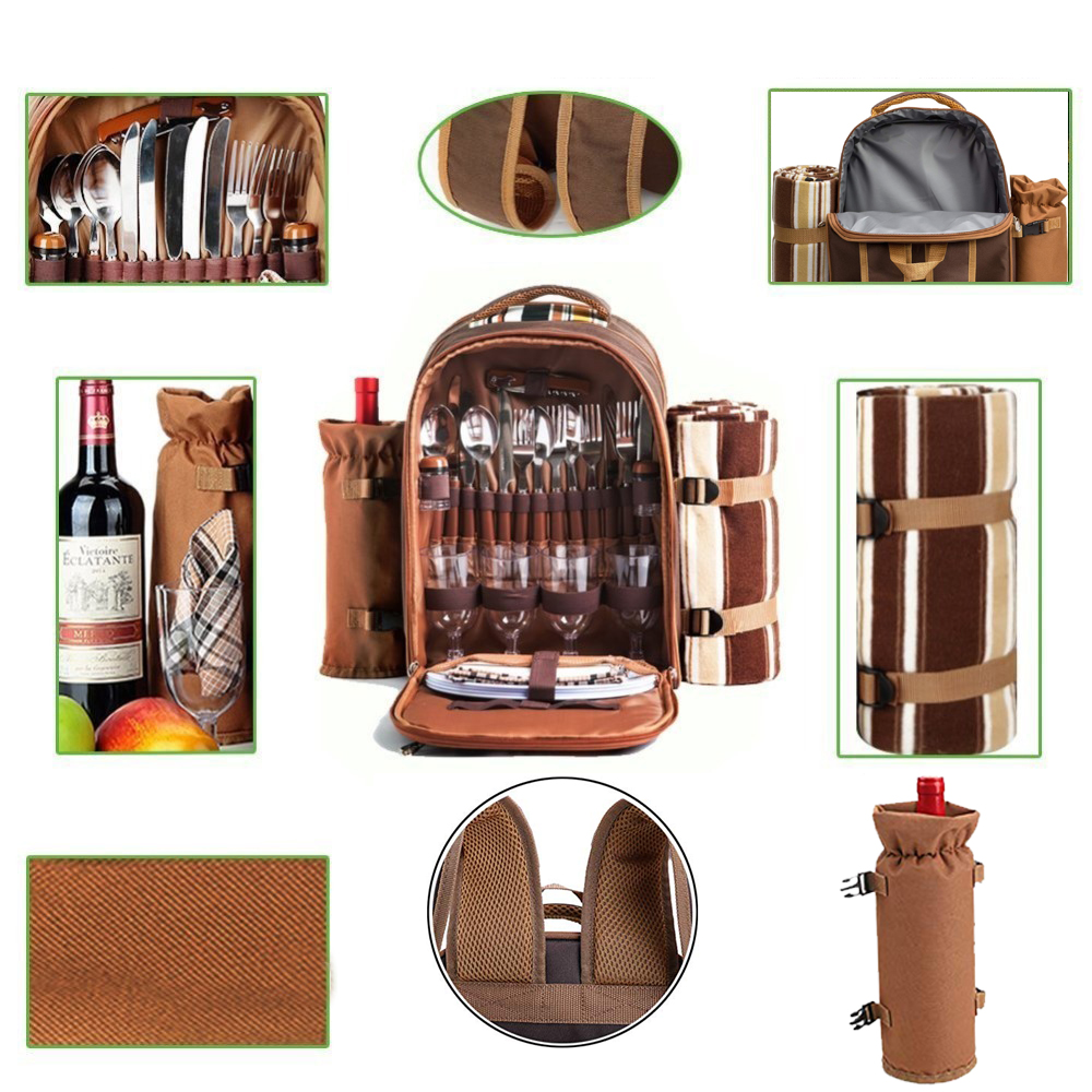 (33-tlg. Set) Praktischer Picknick Rucksack mit Decke   Geschirr - Braun