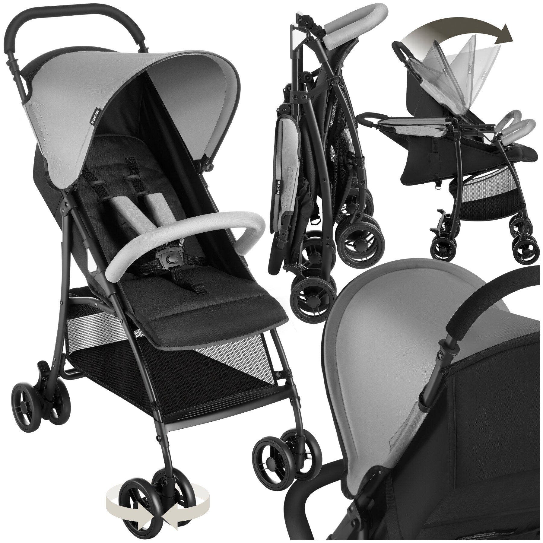 tectake® Buggy-Kinderwagen, klappbar, mit 5-Punkt-Gurt, Bremse und Schutzbügel, pulverbeschichtetes Stahlgestell und pflegeleichter Polyesterbezug, für 0 bis 36 Monate geeignet, Belastbarkeit 15 kg