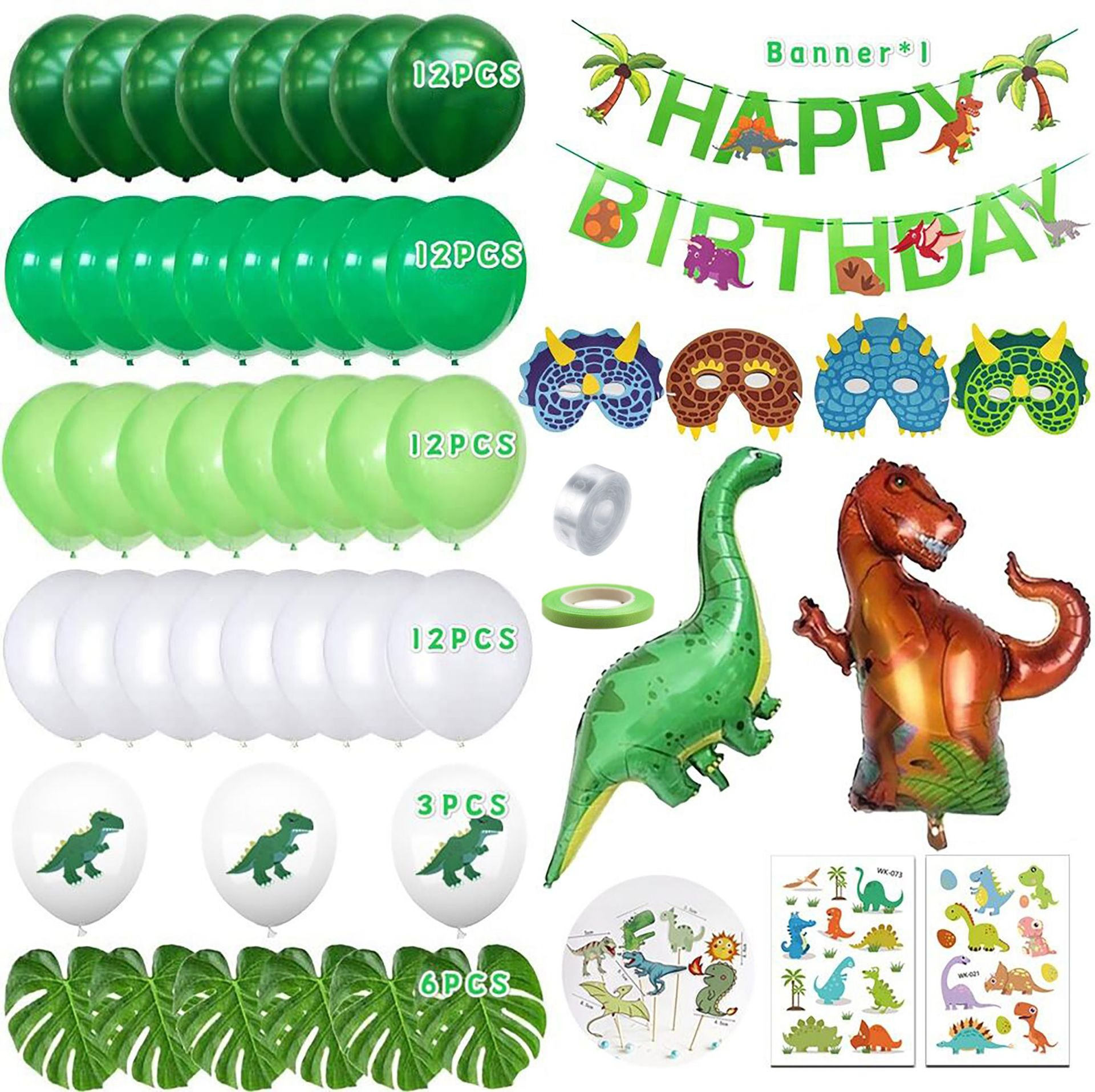 (107-tlg. Set) Happy Birthday Girlande Kinder Geburtstags Deko Dinosaurier   Folienballons / Kuchenstecker / Haut Sticker / Palmenblätter - Grün