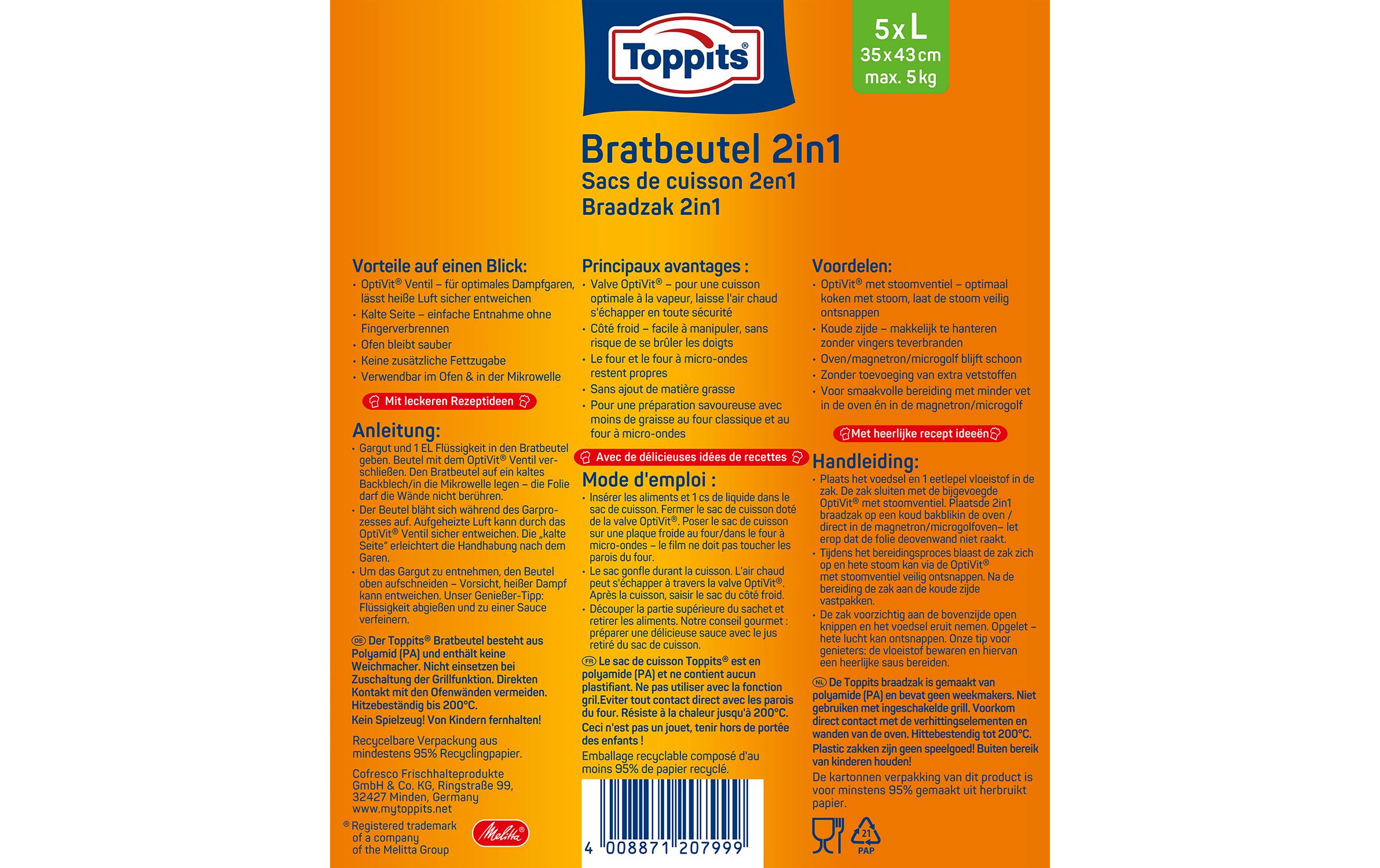 Bratbeutel 2 in 1 Grösse L, 5 StückBratbeutel für fettfreies Braten und Dampfgaren