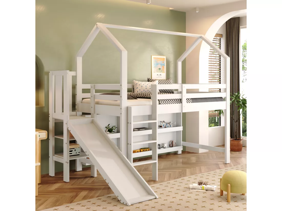 Lit mezzanine 90x200cm - avec toboggan + escalier + casier + étagère - en bois de pin et MDF - Blanc