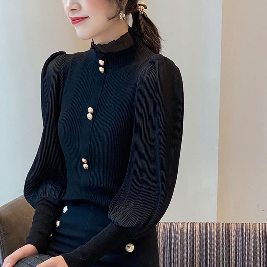 Lewwe - Gebreide top met lange mouwen en coltrui, effen chiffon paneel, knoopaccent en volantrand