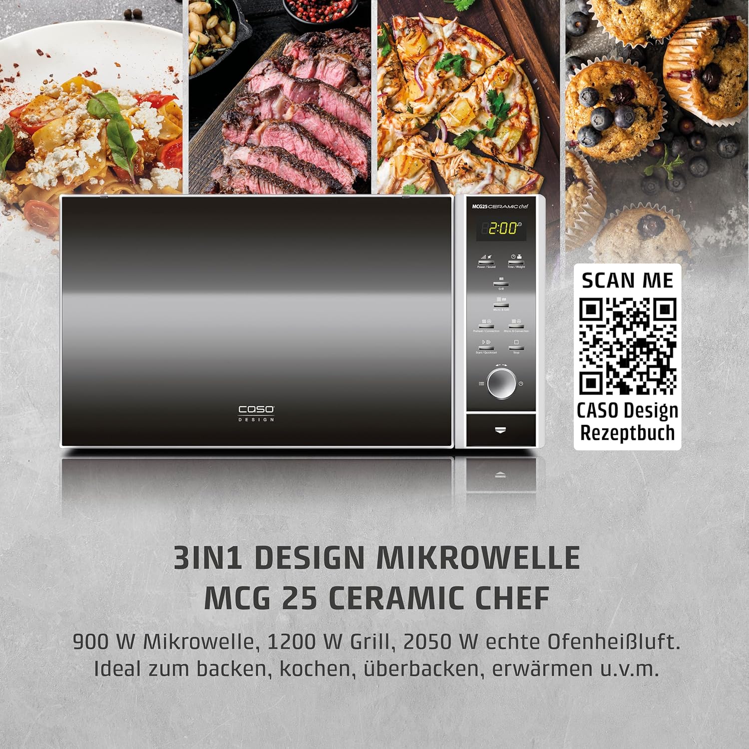 CASO | MCG25 Ceramic chef 3in1 Mikrowelle mit Grill und Heißluft 2050W |Borosilikatglasboden, Grill-Rost für 2 Ebenen, 110-200°C, 25 L, Edelstahl verspiegelt, Silber