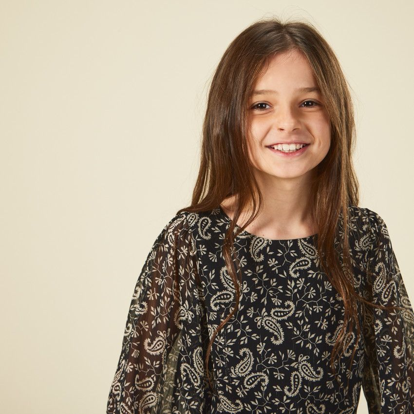 Robe imprimée à manches longues transparentes pour fille - Noir