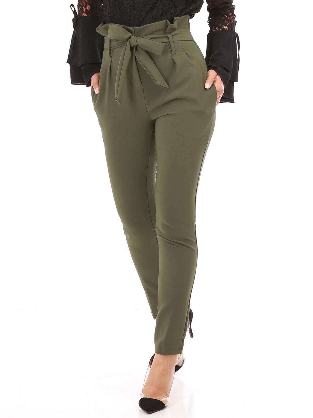 Pantalon avec ceinture à nouer- Kaki