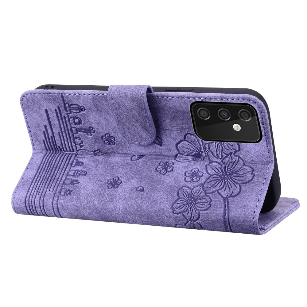 Samsung Galaxy A54 5G Leder Tasche Flip Cover Katze & Blumen Imprint - Lila