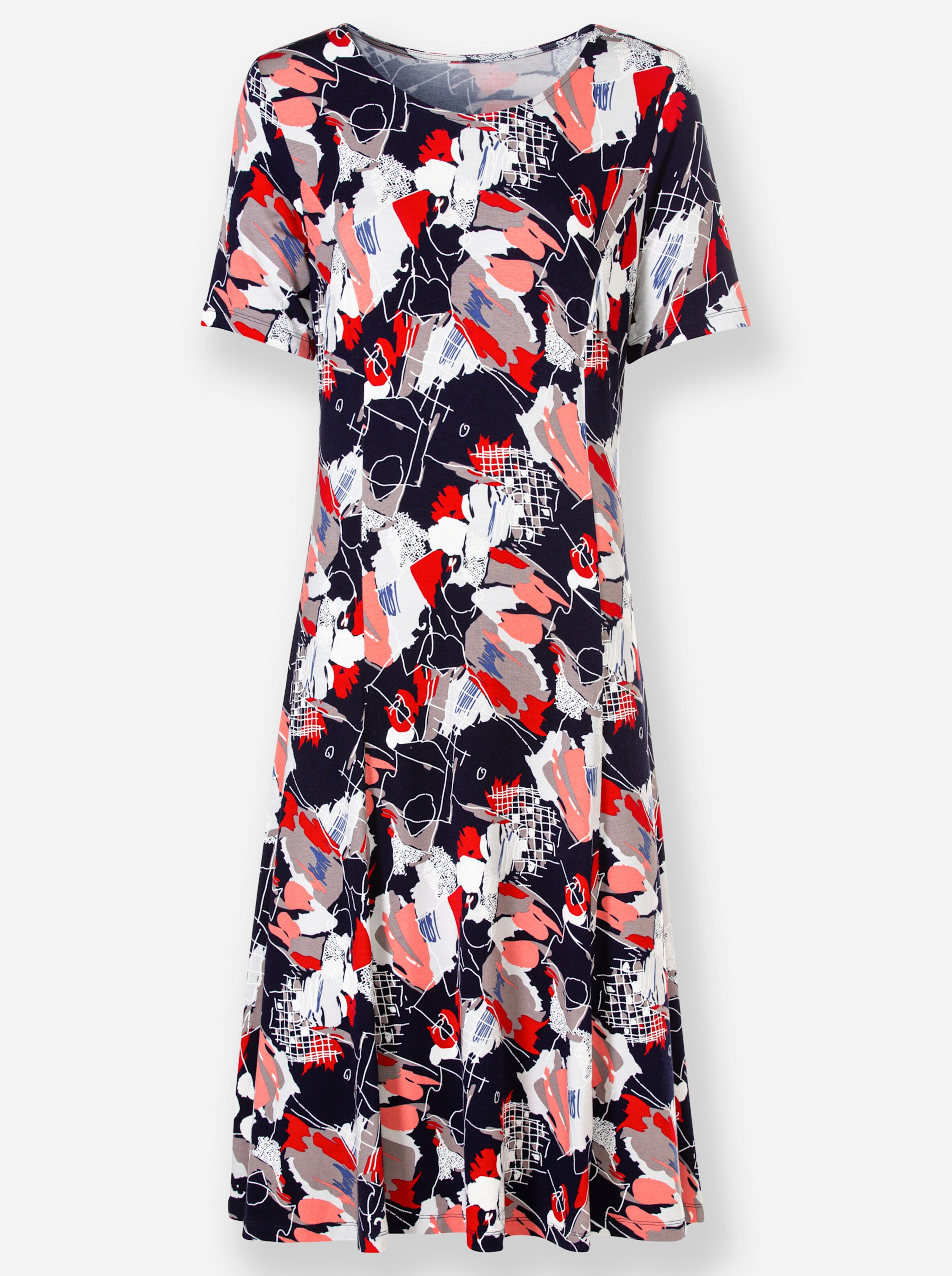 Jersey-Kleid in marine-koralle-bedruckt