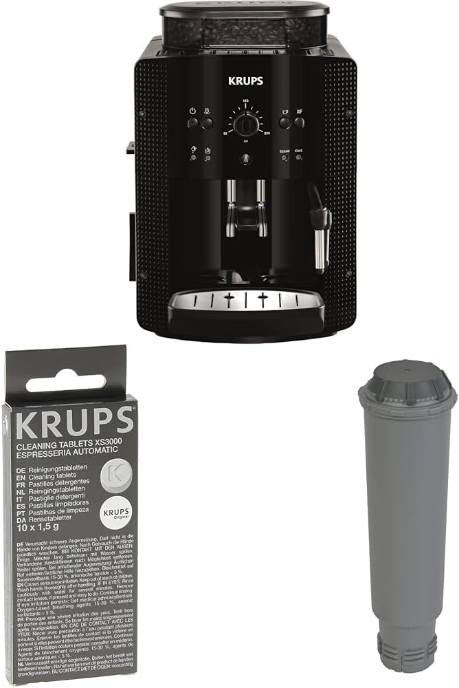 KRUPS Arabica Picto Kaffeevollautomat Set EA8108: Inklusive Milchschaumdüse und 2-Tassen-Funktion mit Reinigungstabletten XS3000 & Claris Wasserfilter-Kartusche F0880, Schwarz