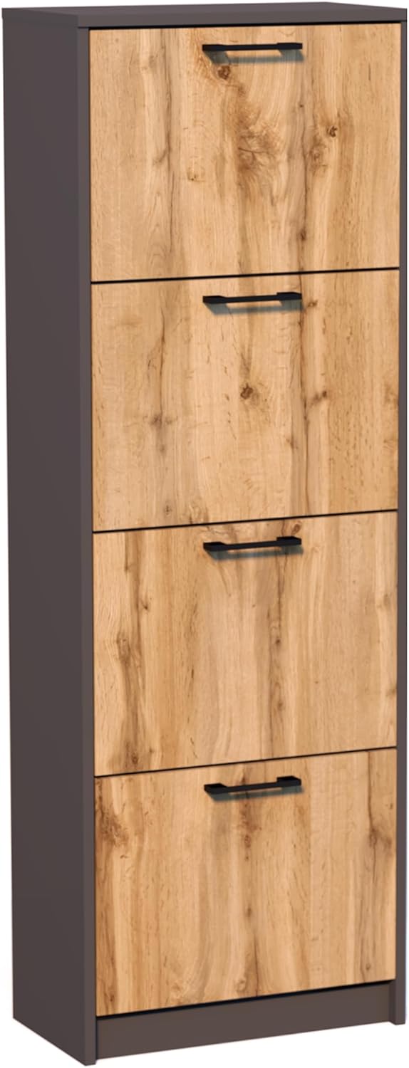 Home Collective Schuhschrank mit 4 aufklappbaren Schubladen Schuhregal mit 4 Fächern weiche abgerundete Kanten 50 cm breit laminierte Platte Matte platzsparende Schuhaufbewahrung Graphit Eiche