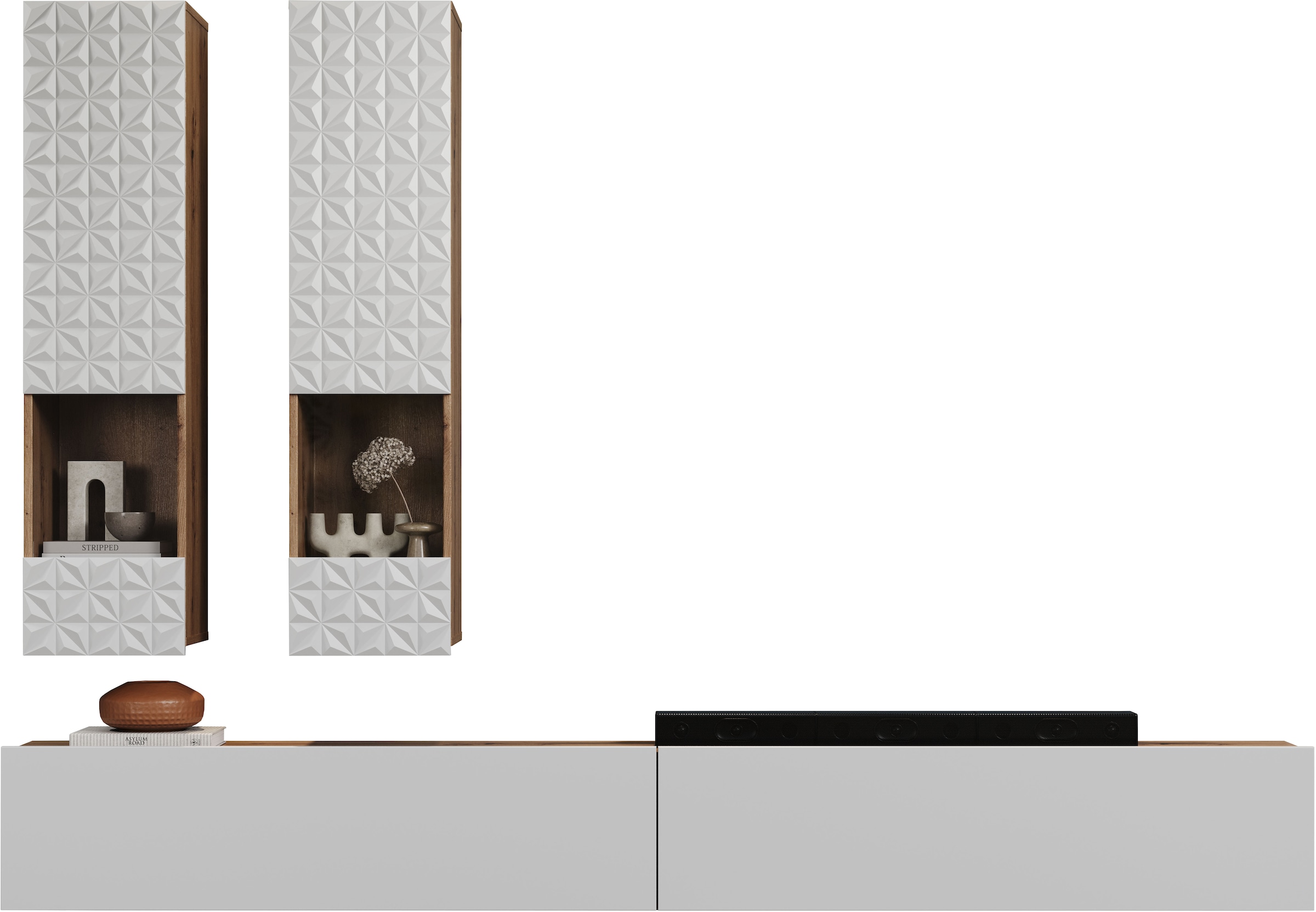 INOSIGN Wohnwand »Rezzo, 2 Hängevitrinen mit Relief-Front, 2 Lowboards je Br. 120 cm« Komplett-Set, 4 Stk. tlg.