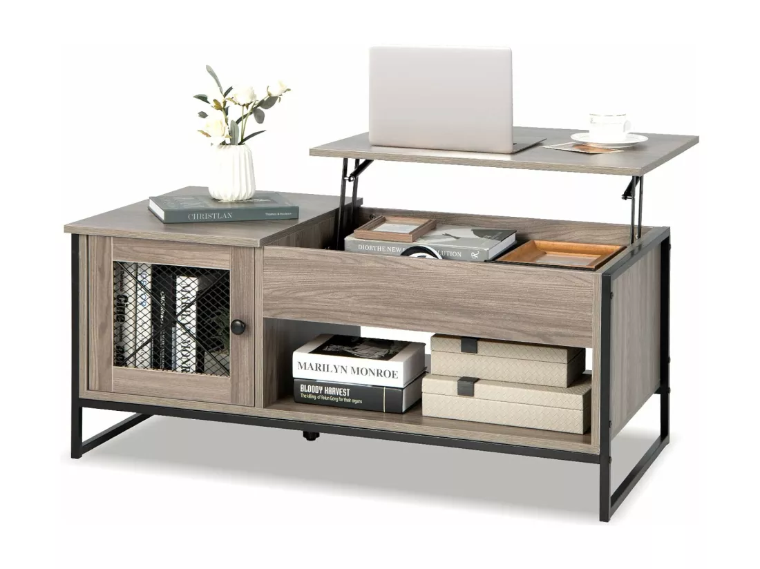 Table Basse Relevable avec 1 Compartiment Ouvert et Placard à 2 Portes, Table Basse Transformable avec Cadre en Métal pour Salon Bureau Chambre, 104x52,5x44,5CM