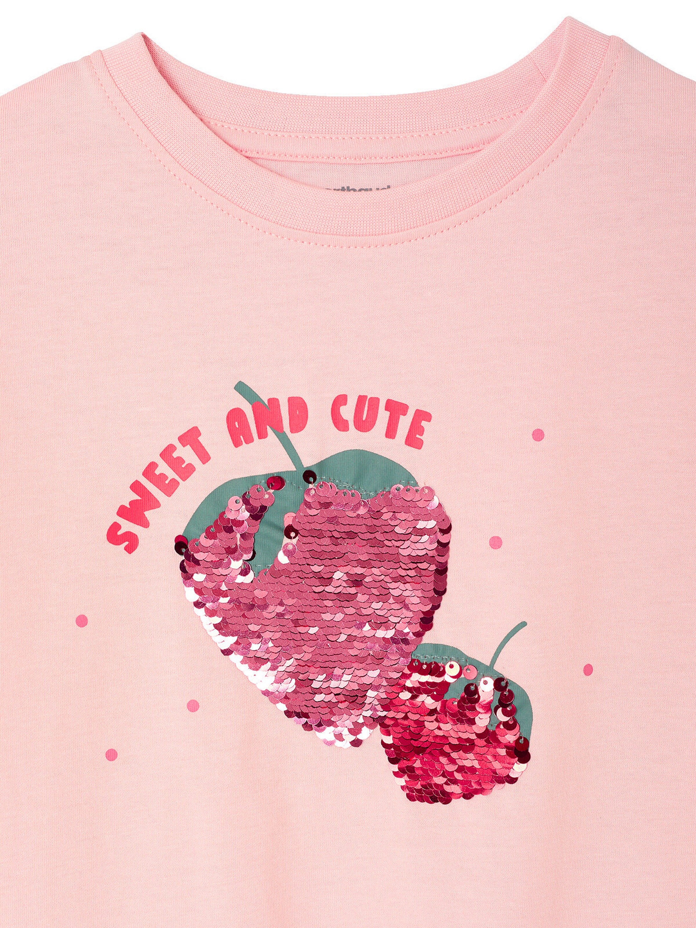 Vertbaudet Mädchen T-Shirt mit Paillettenmotiv und Recycling-Baumwolle bonbon rosa