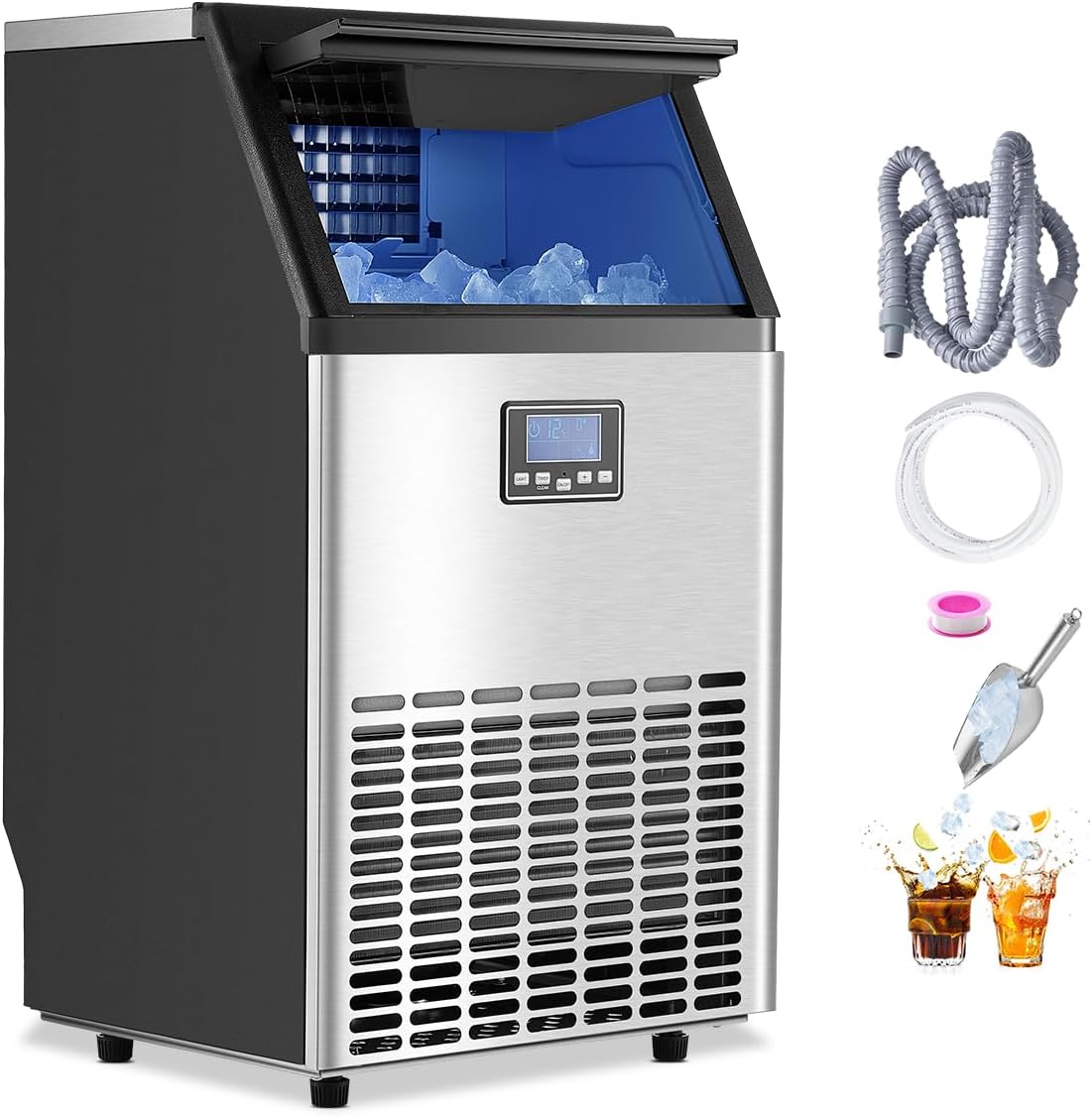 VEVOR kommerzielle Eismaschine (45,36 kg/Tag) Eisbereiter mit 14,97 kg Speicherkapazität, 45 Eiswürfel in 15 Minuten, LED-Digitalanzeige, freistehend, selbstreinigend, für Bar Büro Restaurant