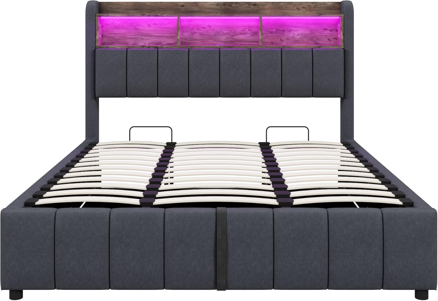 Bett 180x200 cm Polsterbett Doppelbett, Jugendbett Betten mit Stauraum, Kopfteil mit LED&USB und Regal, Hydraulisches Stauraumbett Bettgestell Bett mit Lattenrost, Leinen Grau, Ohne Matratze