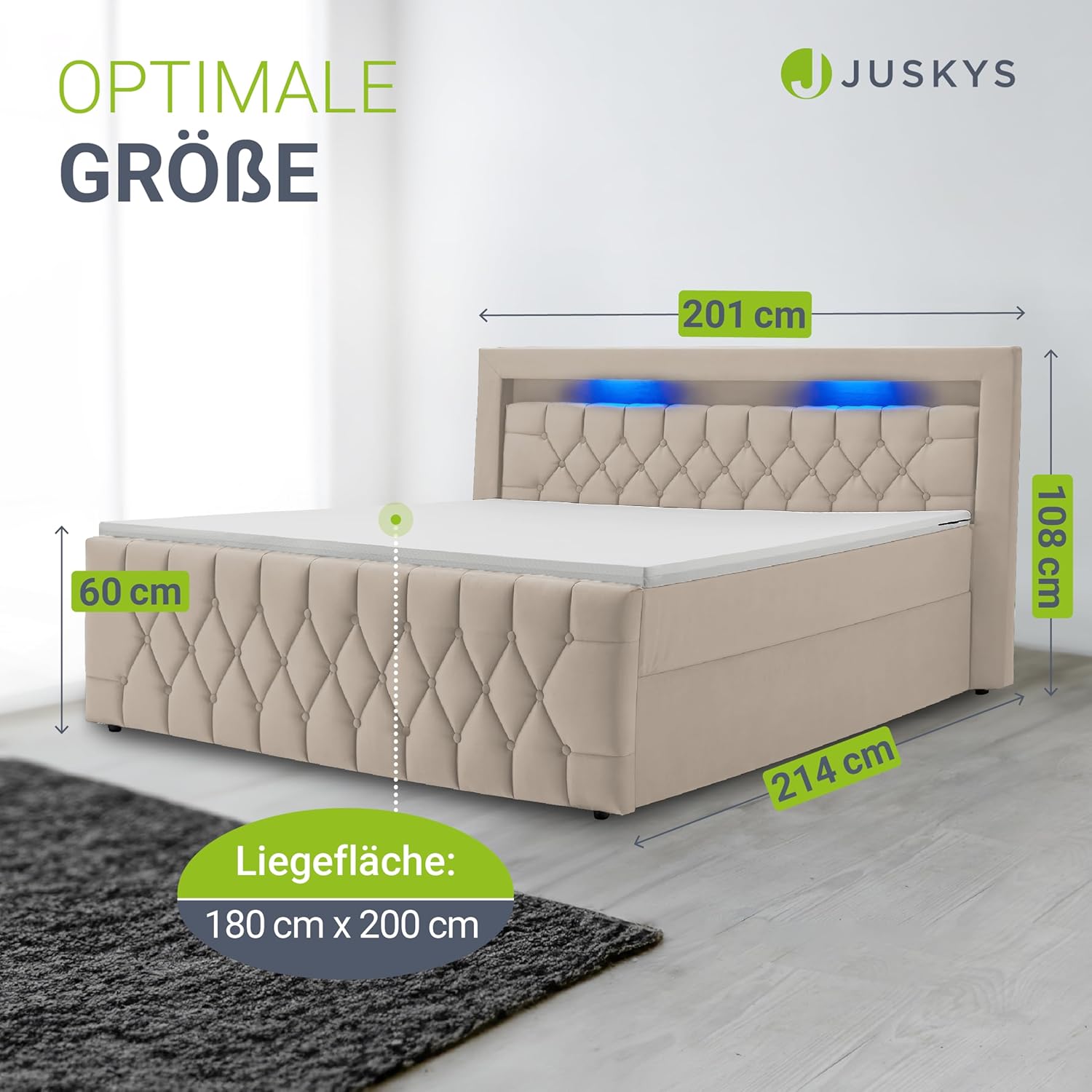 Juskys Boxspringbett Leona 180x200 cm - Bett mit LED Beleuchtung, Topper & H4 Federkern Matratzen - Doppelbett mit Samt und Steppung - Beige