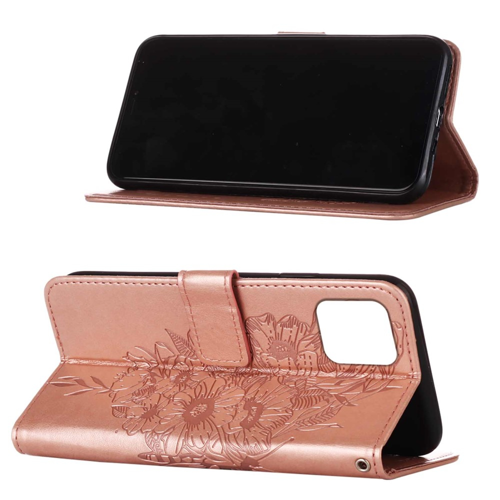 iPhone 13 Pro Leder Tasche mit Kartenfach   Handschlaufe Schmetterling / Blumen - Roségold