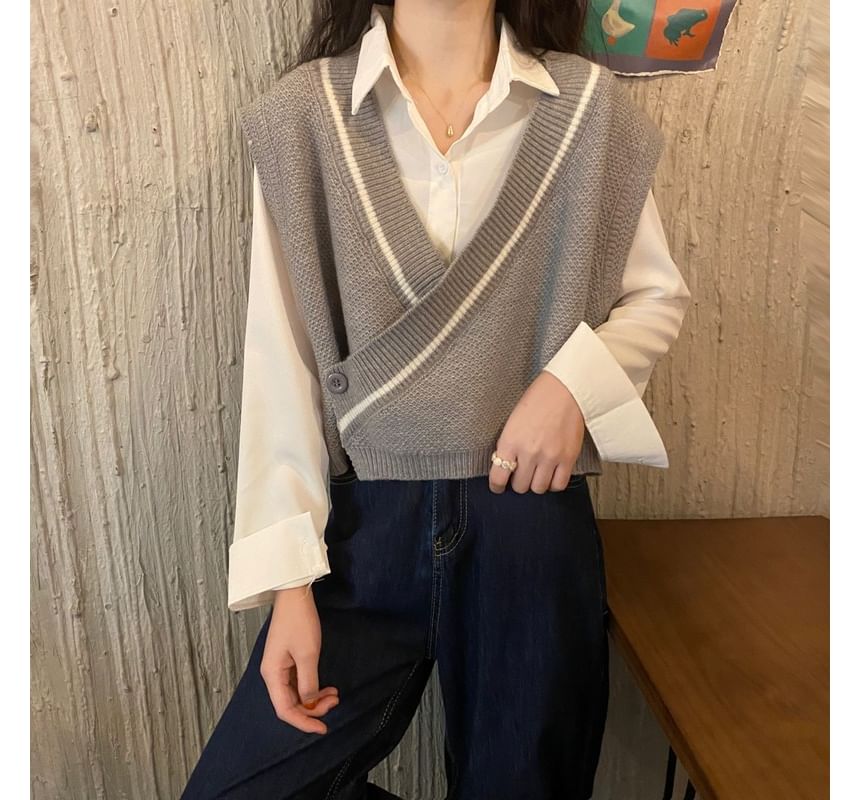 Shinsei - Effen shirt / V-hals gestreept vest