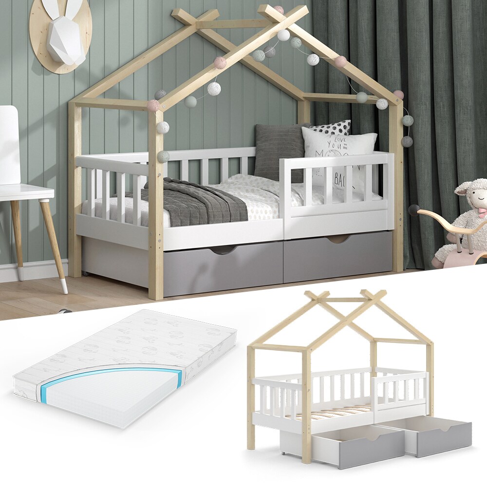 VitaliSpa Kinderbett Hausbett Einzelbett Design Weiß Grau Natur modern 70x140 cm Kinderzimmer Bett Massivholz Lattenrost Schublade Rausfallschutz Schubladenbett Matratze