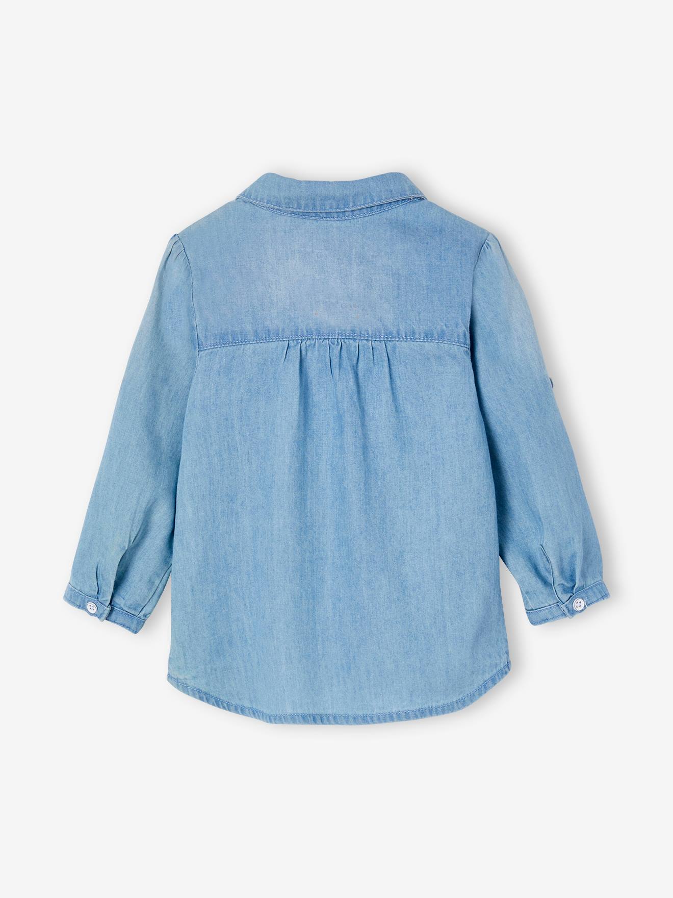 Camisa jeans lavada, personalizável, para bebê menina, lavagem azul clara