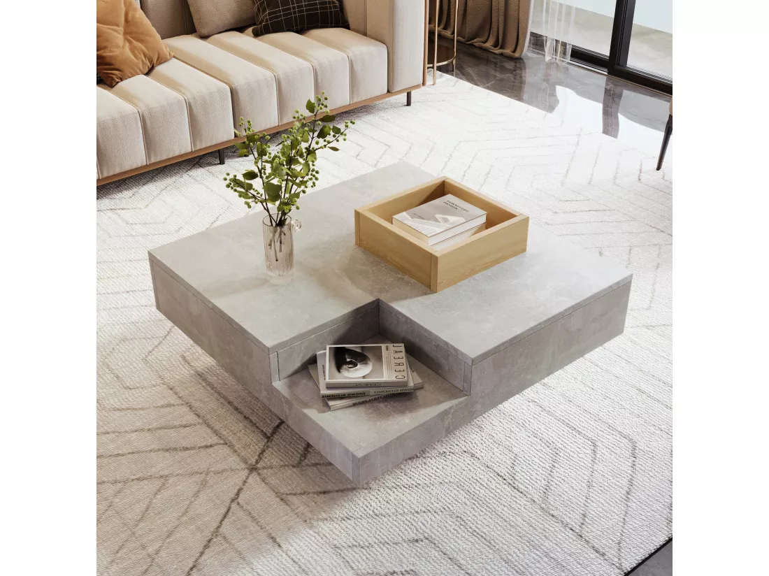 Table basse carré moderne effet béton gris et une boit de rangement bois nature 72*72*30 CROKS