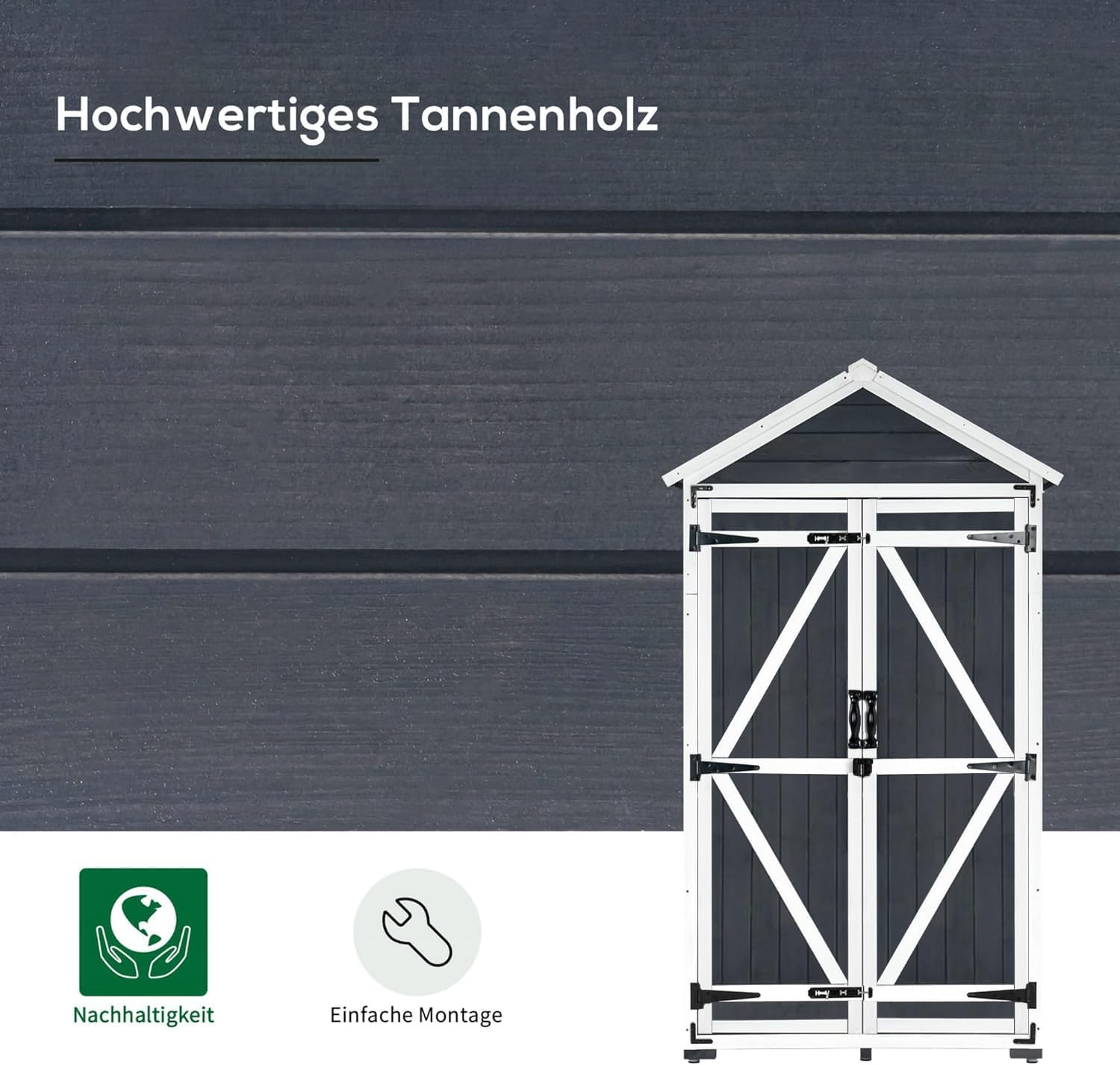 MCombo Gartenschrank Geräteschuppen Werkzeugschrank Outdoor-Schrank Gartenbox mit Satteldach aus Holz Grau/Natur 1000EY, 48 X 90 X 178 cm (Grau)